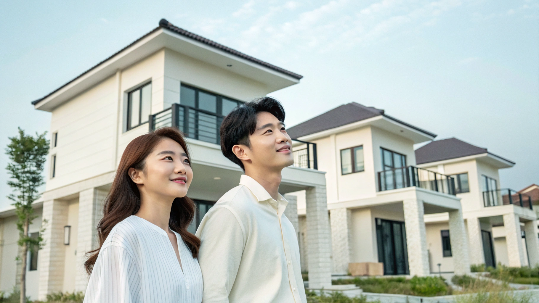 Create a realistic and modern architectural exterior image that serves as the main banner for a real estate listing website. The focus should be on newly constructed residential buildings, portraying a clean and appealing aesthetic. Include young and attractive Korean male and female figures with clear skin and sharp eyes, positioned in a way that suggests a sense of optimism and new beginnings. The overall mood and color palette should harmonize with a soft, calming background reminiscent of tranquility and freshness, enhancing the contemporary feel of the space without any text or additional elements.
